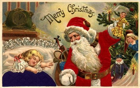 vintage-little-girl-santa-claus-christmas-tree-toys-holiday-card